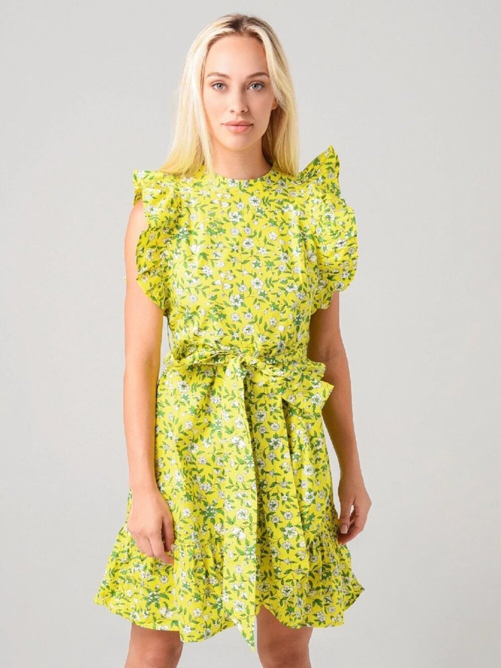 Banjanan Yellow Floral Ruffle Dress with Green Accents